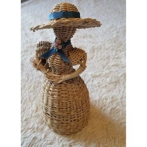 Vintage Wicker Art Woven Lady with Hat and Flower Basket Dress Decorative EUC